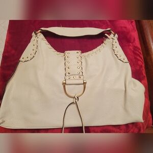 Chic Cream Leather Shoulder Bag with Gold Accents